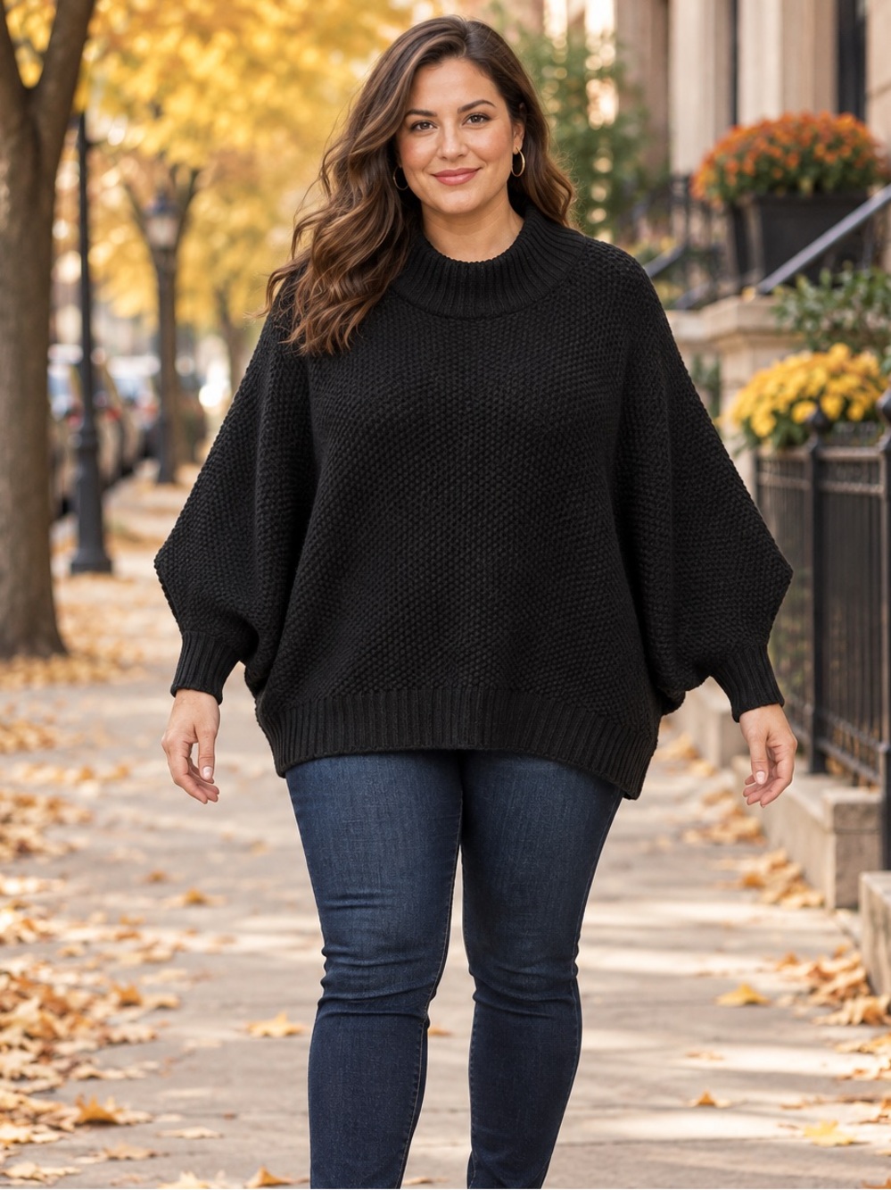 Miracle USA Black Chunky Knit Poncho Sweater Women’s M L Batwing Sleeve